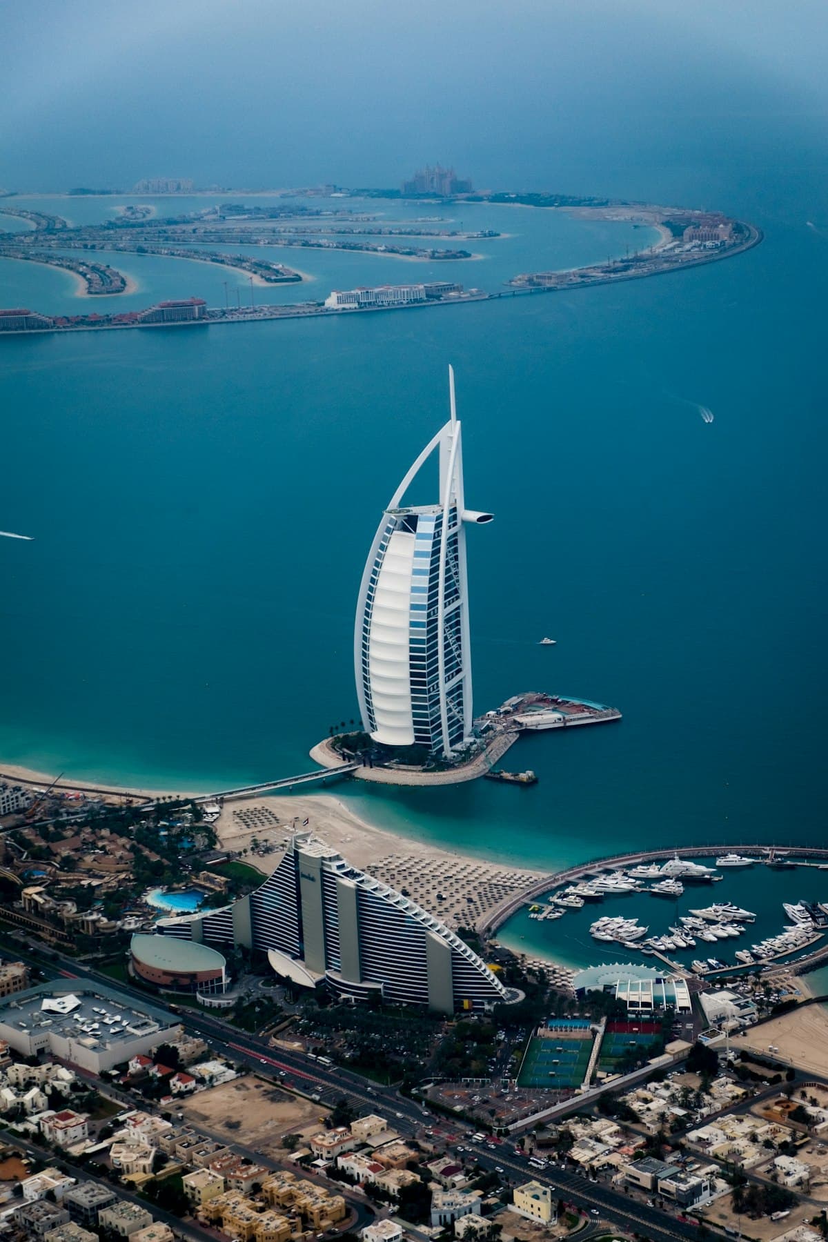 The Burj Al Arab on the Dubai coast seen from the air