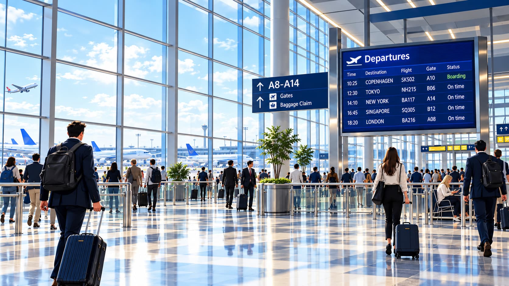 Bright airport terminal: travellers with luggage cross the hall beneath a departures board and a gate sign, aircraft at the gates beyond the glass